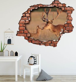 Resim Kırık Tuğla Desenli Geyik Maznara 3D Duvar Sticker - 75x55 cm / Karışık Renkli / 3D Sticker 