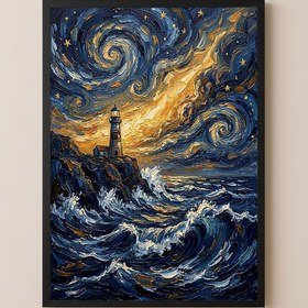 Resim Lighthouse Stormy Sea Print - Van Gogh Starry Night Coastal Wall Art - Wooden Frame - Black / 8,3 x 11,7" (21x30) 