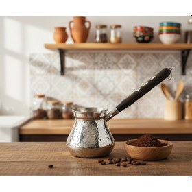 Resim İşlemeli Ahşap Saplı 450ml El Yapımı Dekoratif Kalın Bakır Cezve 10cmx10,5m 