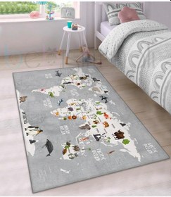 Resim Eğitici Harita Hayvanlar Desenli Çocuk Odası Halısı Çok Renkli 