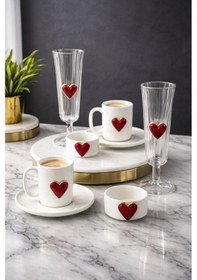 Resim 2 Kişilik Porselen Kalpli Fincan Takımı Seti Ve Bardak Ve Lokumlu 
