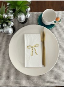 Resim Gold Yaldızlı Beyaz Fiyonk Baskılı Garson Katlama Peçete 16 Adet 