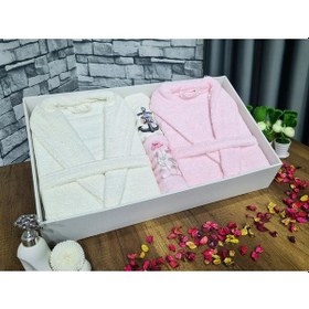 Resim Çeyizlik Aile Bornoz Seti 4 Parça Krem Pudra Pudra 