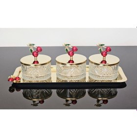 Resim Atabey Home Collection 3'lü Kirazli Gold Tepsili Kase Seti & Şekerlik & Sunumluk & Çerezlik 