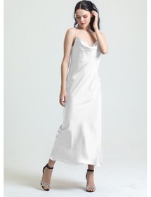 Resim Magic Form 9790 Kadın Ekru Degaje Yaka Krep Saten Uzun Gecelik Ekru 