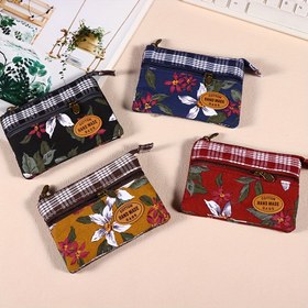 Resim Mini Kumaş Para Kesesi, Çiçek Desenli Kart Tutucu, Çok Katmanlı Bozuk Para Cüzdanı 