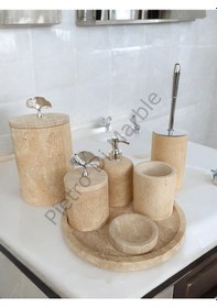 Resim Sarı Traverten Klasik Model 7 Parça Gümüş Renk Japon Gülü Aksesuarlı Banyo Seti Sarı Traverten 