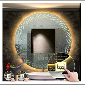 Resim Dnr-MirrorDnr-Mirror 70 cm Günışığı Ledli Tasarım Kumlamalı Dokunmatik Bluetoothlu Buğu Önleyicili Makyaj Banyo Aynası 