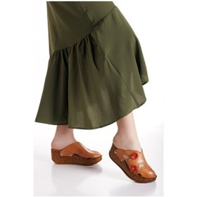 Resim İç Dış Hakiki Deri Dolgu Taban Önü Tokalı Sabo Model Kadın Terlik Taba 