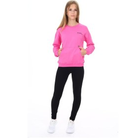 Resim Toontoy Kids Toontoy Kız Çocuk 2'li Takım Baskılı Bisiklet Yaka Düşük Omuz Cepli Sweatshirt & Basic Düz Tayt Fuşya 