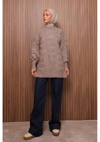 Resim Balenbi Örgü Dokulu Yumoş Oversize Tesettür Triko Tunik 7018 Toprak 