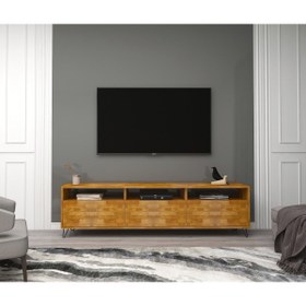 Resim WOODFACE Meşe Televizyon Sehpası Ve Ünitesi 178x30 Masif Dekoratif Metal Firkete Ayaklı Vernikli Holmes 