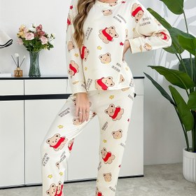 Resim İlkbahar ve Sonbahar Sevimli Ayı Desenli Pijama Takımı, Kadınlar için Rahat Uzun Kollu Ev Giyimi 