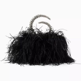Resim Karma Feather Clutch Siyah Tüy Kaplama & Kristal Saplı Zarif Gece Çantası - Siyah 