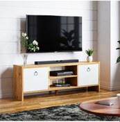 Resim Tv Sehpası Kapaklı Raflı Tv Ünitesi Televizyon Sehpası Çam- Beyaz 