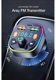 Resim Bluetooth Araç Çakmaklık Fm Transmitter Işıklı Mp3 Çalar Type-c Hızlı Şarj Araç Şarj Cihazı 