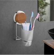 Resim Okyanus Home Ahşap Desenli Magic Fix Sihirli Yapışkan Krom Diş Fırçalık 