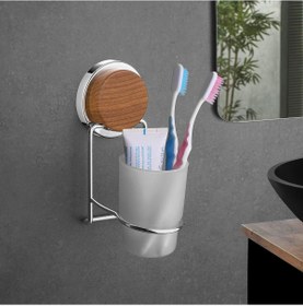 Resim Okyanus Home Ahşap Desenli Magic Fix Sihirli Yapışkan Krom Diş Fırçalık 