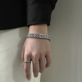 Resim Erkek Moda Titanyum Çelik Kare Çift Sıra Örgü Bileklik, Manyetik Paslanmaz Çelik, Basit Elegant Stil, Kaplama Yok, Gravür Yok, Cadılar Bayramı Aksesuarı 