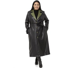 Resim Büyük Beden Yakası Garnili Yandan Cepli Astarlı Deri Siyah Uzun Kaban-siyah Siyah 