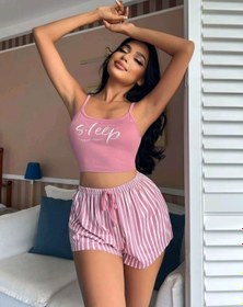 Resim Kadın Pembe Çizgili Desen Askılı Şortlu Pijama Takım 5002 Pembe 