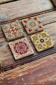 Resim Oscar Stone Decor Baskılı Doğaltaş Bardak Altlığı 4'Lü Set Desen Tile 4Dsn-223 