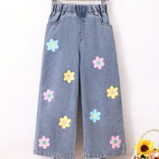 Resim Kızlar için Çiçek Desenli Geniş Paça Kot Pantolon - Açık Mavi Denim ile Renkli Çiçek Tasarımı, Elastik Bel, Bahar ve Sonbahar Gezileri için Bol Kesim, Bahar Modası | Eğlenceli Tasarım | Canlı Çiçekler, Sevimli Kot 