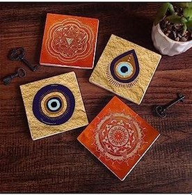 Resim Nazar, Sri Yantra, Mandala Taş Bardak Altlığı Seti - 4 Parça - Dekoratif, Rustik Mutfak Aksesuarı, 10x10 cm, Kaydırmaz Tabanlı, Şık ve Dayanıklı SC521 