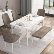 Resim Canisa Concept Are Serisi 80 x 132 cm Açılabilir Benchli Mdf Beyaz Mermer Desen Mutfak Masa Takımı 4 Sandalye 1 Bench 