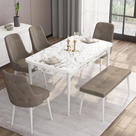 Resim Canisa Concept Are Serisi 80 x 132 cm Açılabilir Benchli Mdf Beyaz Mermer Desen Mutfak Masa Takımı 4 Sandalye 1 Bench 