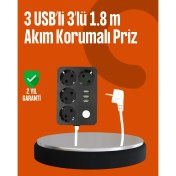 Resim AyrStore Akım Korumalı 3 USB Portlu 4’lü Priz 4.1A Hızlı Şarj 