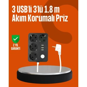 Resim AyrStore Akım Korumalı 3 USB Portlu 4’lü Priz 4.1A Hızlı Şarj 