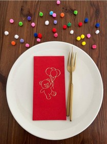 Resim Gold Yaldızlı Kırmızı Sevimli Ayı Baskılı Garson Katlama Peçete 16 Adet 