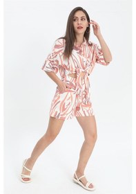 Resim Wpr Şort Yüksek Bel Baskılı Keten - Turuncu-turuncu Turuncu 