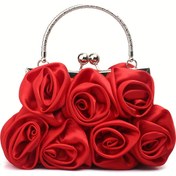 Resim Kiss Lock Kapanışı ile Şık Çiçek Desenli Kumaş Çanta, Kadınlar için Polyester Astarlı Akşam El Çantası - Düğünler, Partiler ve Resmi Etkinlikler için Mükemmel, Düğün Çantası | Çiçek Süslemeli Çanta | Yumuşak Pembe Gül Desenli 