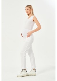 Resim Busa Hamile Esnek Karın Bantlı Beli Ayarlanabilir Mom Fit Kot Pantolon Beyaz-beyaz 