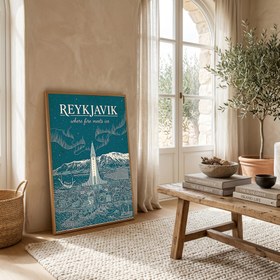 Resim Reykjavik Line Art Print - Teal Hallgrímskirkja Aurora Skyline Wall Art - Wooden Frame - White / 16 x 20" (40x50 cm) 