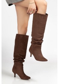 Resim Sr-2001 Kahverengi Süet Topuklu Günlük Bayan Çizme Kahve 