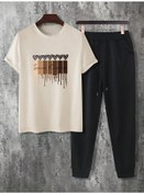 Resim Unisex Leopar Kalp Baskılı Eşofman Takımı Bej 