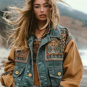 Resim Kadın Bohem Ceket - Düğmeli, Vintage Etnik Baskılı Palto, Kahverengi/Mavi/Siyah/Bej/Turkuaz/Turuncu/Kırmızı/Beyaz/Gri Renklerde Uzun Kollu Kışlık Ceket - Sonbahar/Kış Seyahatleri, Festival, Günlük Kıyafetler için Esnemeyen Kumaş - Boho Şık Dış Giyim 