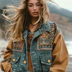 Resim Kadın Bohem Ceket - Düğmeli, Vintage Etnik Baskılı Palto, Kahverengi/Mavi/Siyah/Bej/Turkuaz/Turuncu/Kırmızı/Beyaz/Gri Renklerde Uzun Kollu Kışlık Ceket - Sonbahar/Kış Seyahatleri, Festival, Günlük Kıyafetler için Esnemeyen Kumaş - Boho Şık Dış Giyim 