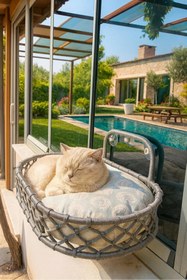 Resim Tasaryum Kedi ve Köpek El Örgüsü Vantuzlu Cam Yatağı Hamak Gri 