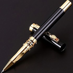 Resim Vintage Ejderha Kafası Kaligrafi Kalemi - Erkek İmza Yazısı için Oymalı Hazine Boncuklu Metal Yürüyüş Boncuk Kalemi 