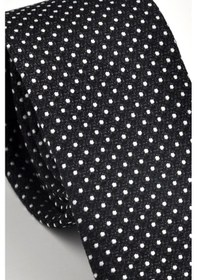 Resim Gaffy Beyaz Noktalı Puantiye Desenli Siyah Dokuma Kumaş Mendilli Slim Fit Kravat // Sdk230913 Siyah 