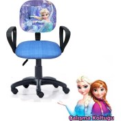 Resim Depolife Karlar Ülkesi Elsa Frozen Desenli Çocuk Odası Ders Çalışma Koltuğu Tekerlekli Amortisörlü Kumaş 