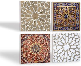 Resim Etnik Desen Taş Bardak Altlığı Seti - 4 Parça - Dekoratif, Rustik Mutfak Aksesuarı, 10x10 cm, Kaydırmaz Tabanlı, Şık ve Dayanıklı SC115 