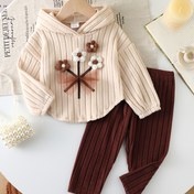 Resim 2 Parça Kız Çocukları İçin Kışlık Kapüşonlu Uzun Kollu Polar Üst ve Dar Kesim Pantolon Takımı, Çiçek Desenli, Dış Mekan Kullanımına Uygun 