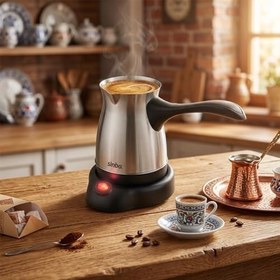 Resim ÇELİK ELEKTRİKLİ CEZVE TÜRK KAHVE MAKİNESİ - 6FİNCAN=500ML 360° KABLOSUZ KULLANIM KATLANIR KULP 600W SCM-9039 