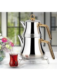 Resim Lines Naz Çelik Çaydanlık Takımı Altın Kulp Mini Boy Beyaz 