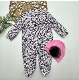 Resim 0-3-6-9 Ay Leopar Baskılı Tam Boy Çıtçıtlı Patikli Güllü Boneli Kız Bebek Tulumu Pembe Pembe 